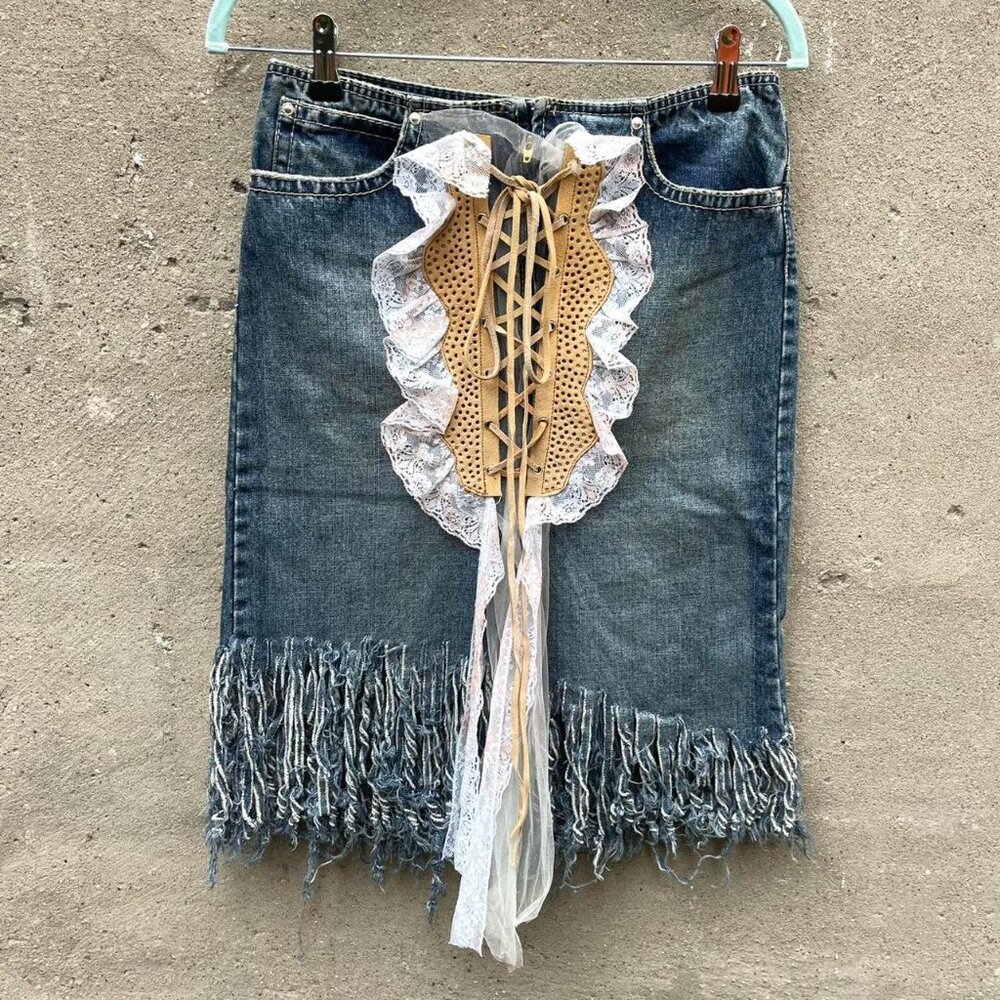 Unique Lace-Up and Lacy Denim Skirt